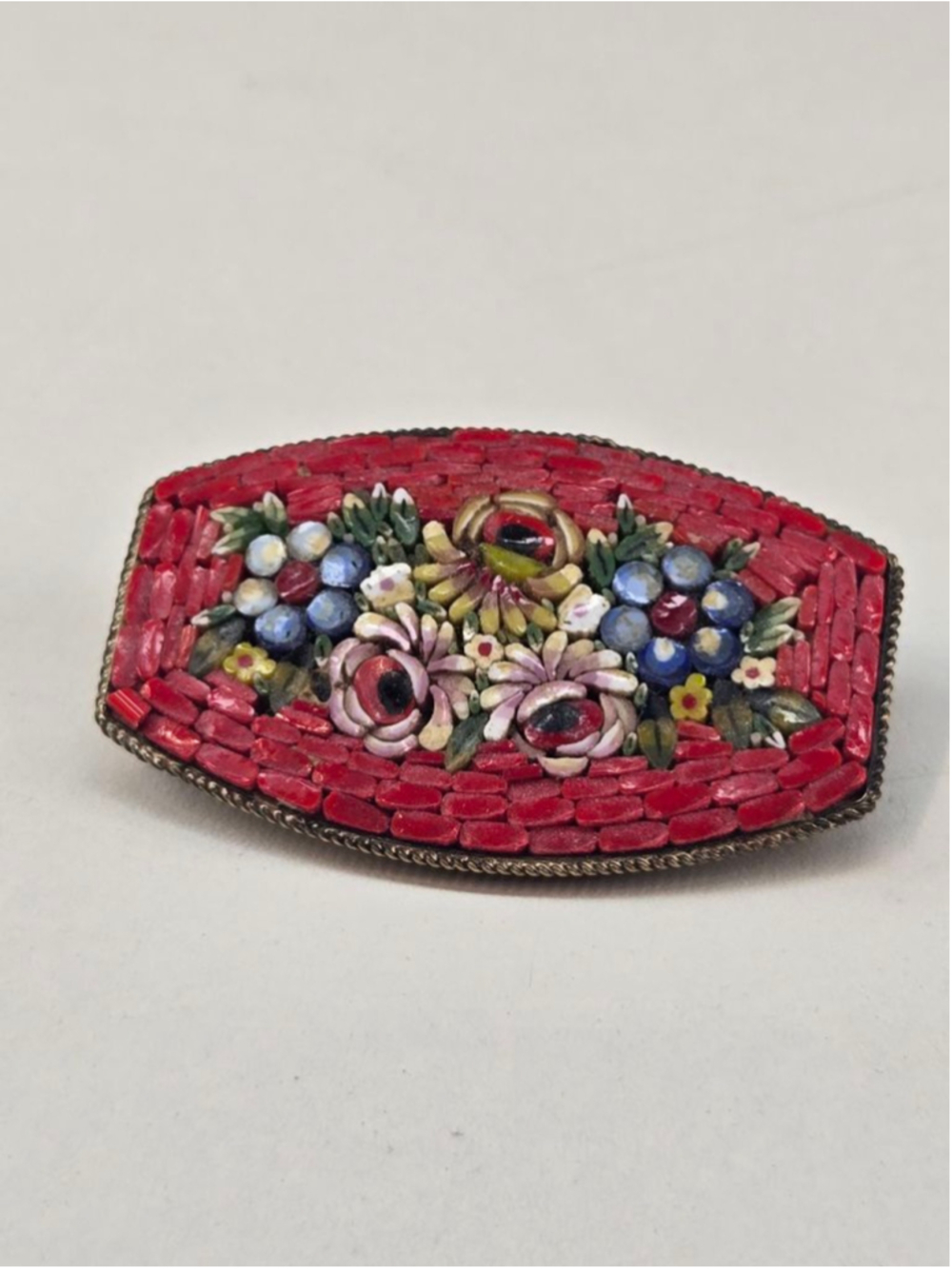 Vintage Micro Mosaic Floral Brooch Women's Pin Artisan Red Glass Italy Goldtone